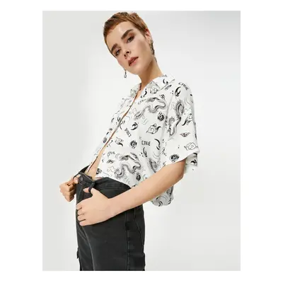 Koton Comfortable Fit Crop Shirt Dragon Printed Viscose Fabric Short Sleeve