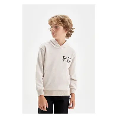 DEFACTO Boy Beige Printed Hooded School Sweatshirt