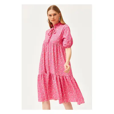 Olalook Women's Pink Collar Lace-up Piece Dress