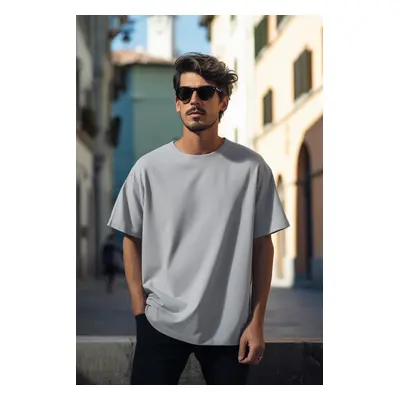 Trendyol Gray Basic 100% Cotton Crew Neck Oversize/Wide Cut Short Sleeve T-Shirt