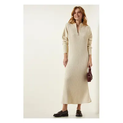 Happiness İstanbul Women's Cream Ribbed Oversize Knitwear Dress