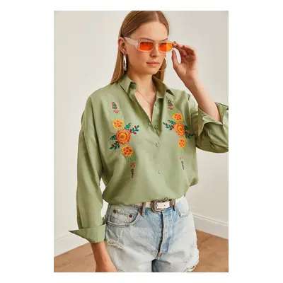 Olalook Women's Orange Floral Mold Green Embroidery Detailed Oversize Woven Shirt