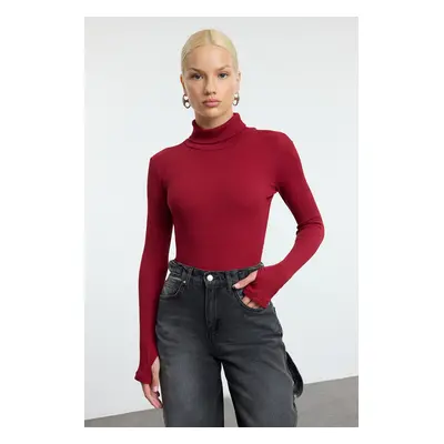 Trendyol Burgundy Fitted Turtleneck Finger Detailed Ribbed Stretchy Knitted Blouse