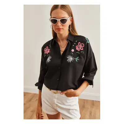 Olalook Women's Lily Black Embroidery Detailed Oversize Woven Shirt