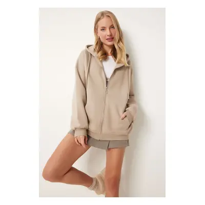 Happiness İstanbul Women's Beige Hooded Zippered Oversize Sweatshirt