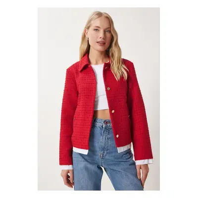 Happiness İstanbul Women's Red Shirt Collar Tweed Jacket