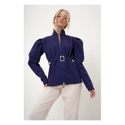 Trend Alaçatı Stili Women's Navy Blue Princess Sleeve Zipper and Belted Diving Fabric Jacket