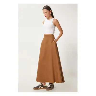 Happiness İstanbul Women's Camel Pocket Jacquard Suede Flared Skirt