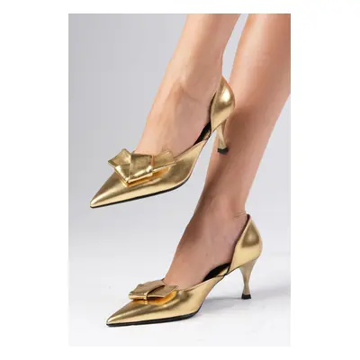 Mio Gusto Alexa Metallic Gold Color Pointed Toe Bow Accessory Women's Heeled Party and Evening S