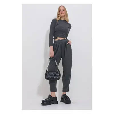 Trend Alaçatı Stili Women's Anthracite High Waist Double Pocket Crinkle Trousers