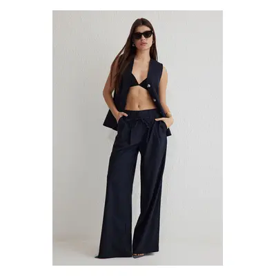 Trendyol Navy Blue Belted Wide Leg/Wide Leg Woven Trousers