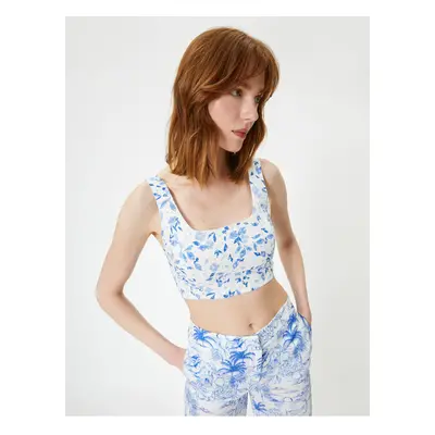 Koton Floral Crop Top with Scallop Square Collar Strap