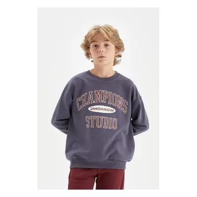 DEFACTO Boy Indigo Oversize Fit Wide Pattern Crew Neck Text Printed School Sweatshirt