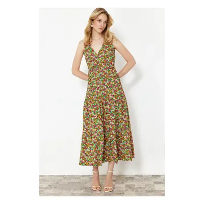 Trendyol Green Floral Red Patterned V-Neck Sleeveless A-Line Knitted Dress