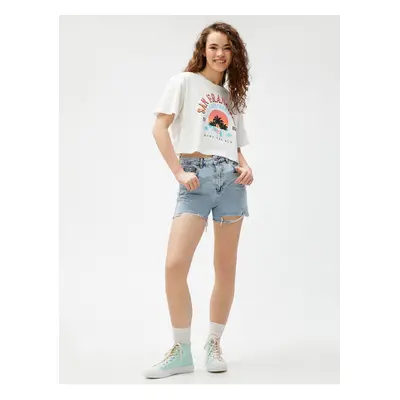 Koton Crop T-Shirt Printed Short Sleeve Crew Neck Cotton