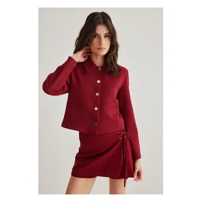 Trendyol Burgundy Crop Button Detail Shirt Collar Blazer Jacket