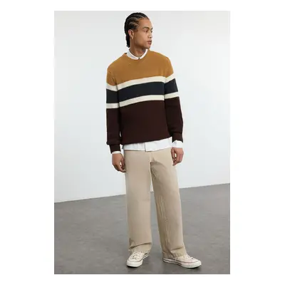 Trendyol Camel Men's Slim Fit Wool Crew Neck Panelled Color Block Knitwear Sweater