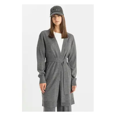 DEFACTO Regular Fit Basic Plain Belted Long Knitted Gray Cardigan