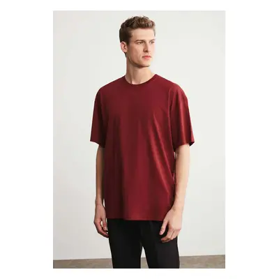 GRIMELANGE Jett Men's Oversize Fit 100% Organic Cotton Thick Textured Crew Neck Claret Red T-shi