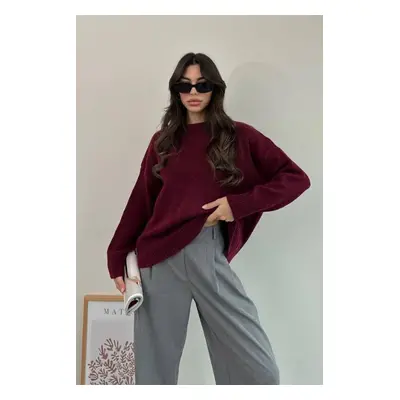 Madmext Claret Red Crew Neck Oversize Knitted Sweater