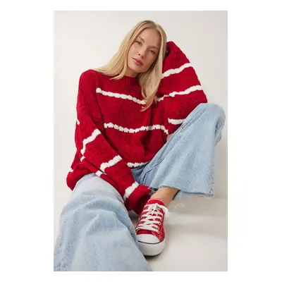 Happiness İstanbul WOMEN'S RED BALLOON SLEEVE STRIPED KNITWEAR SWEATER HI00003