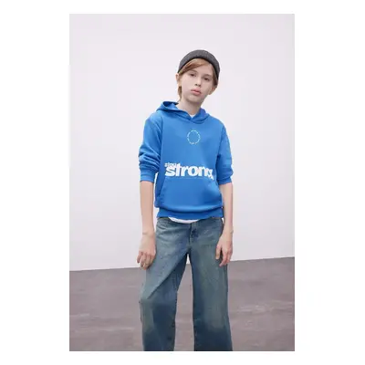 DEFACTO Boy Blue Text Printed Pocket Hooded School Sweatshirt