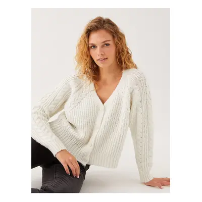 LC Waikiki V-Neck Self-Patterned Long Sleeve Women's Knitwear Cardigan