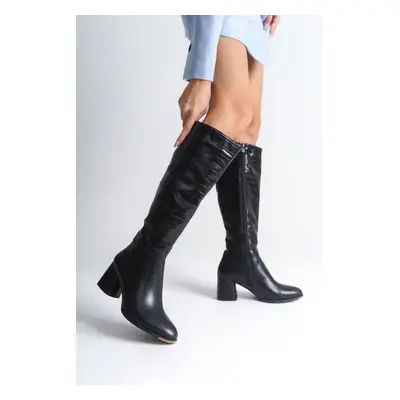 Capone Outfitters Oval Toe Side Zipper Crocodile Black Heeled Women's Boots