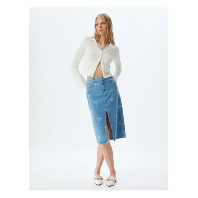 Koton Midi Denim Skirt High Waist Slit Detail Bow Pattern Buttoned