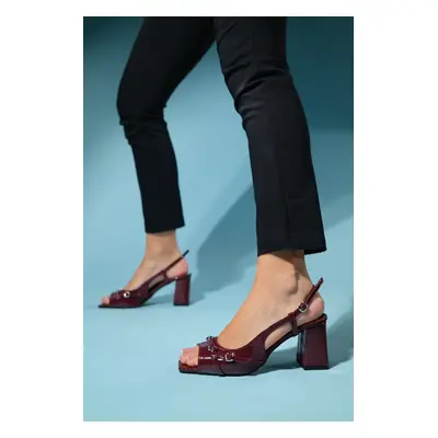 LuviShoes PANDIA Claret Red Patent Leather Buckle Women's Thick Heeled Sandals