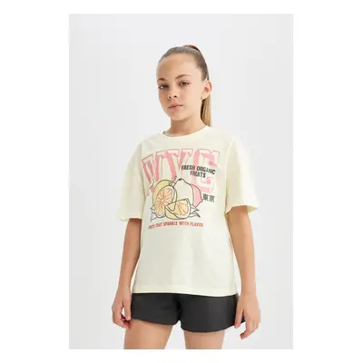 DEFACTO Girl's Relax Fit Crew Neck Printed Short Sleeve T-Shirt