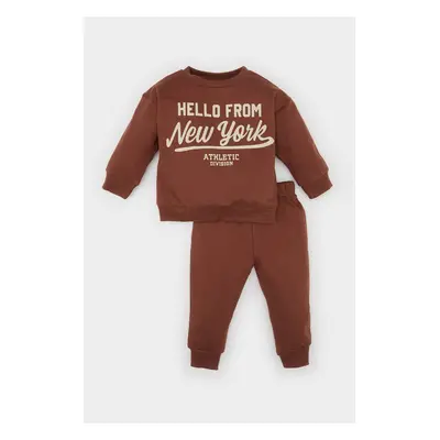 DEFACTO Baby Boy 2-Piece Set Crew Neck Printed Sweatshirt Elastic Waist Tracksuit Bottoms