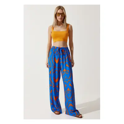 Happiness İstanbul Women's Vibrant Blue Orange Patterned Flowing Viscose Palazzo Trousers