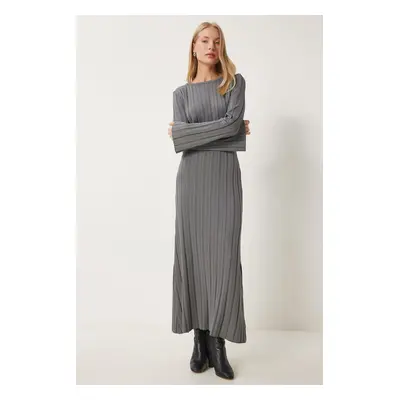 Happiness İstanbul Women's Dark Gray Belted Ribbed Long Knit Dress