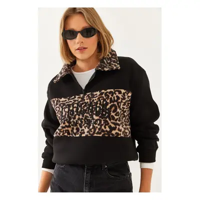 Bianco Lucci Women's Collar and Front Leopard Garnish Sweatshirt