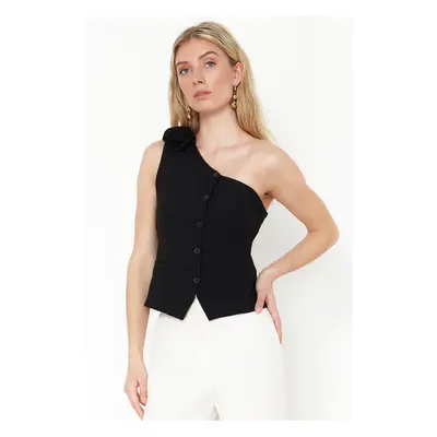 Trendyol Limited Edition Black Fitted One Shoulder Rose Detail Crop Woven Vest