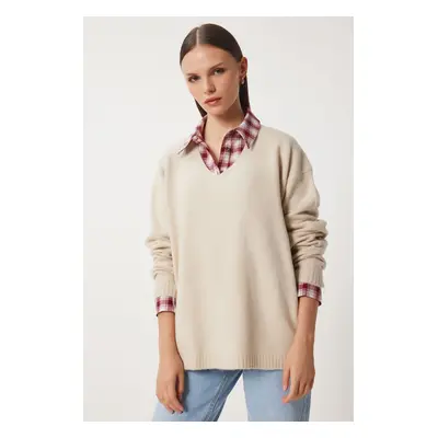 Happiness İstanbul Women's Beige V-Neck Knitwear Sweater