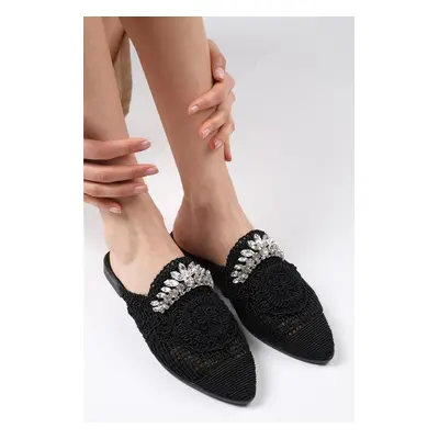 Mio Gusto Lisette Black Color Stone Buckle Women's Handmade Knitted Flat Slippers