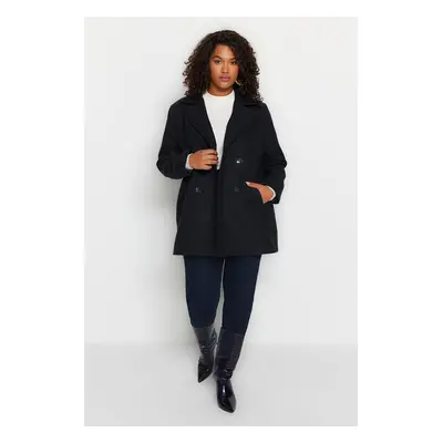 Trendyol Curve Navy Blue Regular Fit Single Button Herringbone Patterned Cashmere Coat