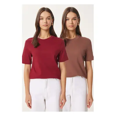 Happiness İstanbul Women's Claret Brown 2-Pack Cotton Basic Knitted T-Shirt