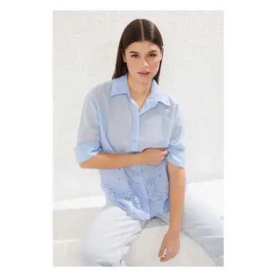 Trendyol Light Blue Collar and Hem with Embroidered Brode Detail Regular Regular Pattern Woven S