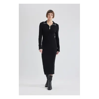 DEFACTO Regular Fit Polo Collar Half Zipper Basic Plain Long Sleeve Maxi Knit Dress