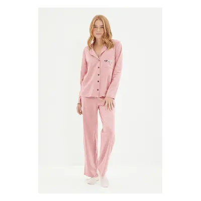 Trendyol Pink Piping and Pocket Detailed Printed Knitted Pajama Set