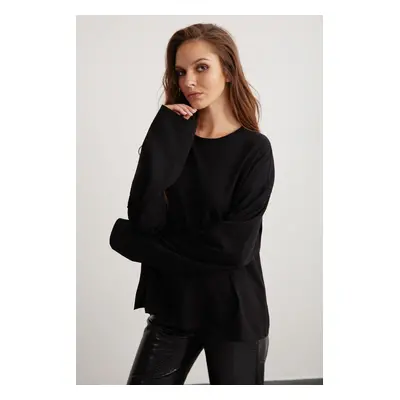 GRIMELANGE Basil Women's 100% Cotton Crew Neck Oversize Fit Long Sleeve Black T-shirt