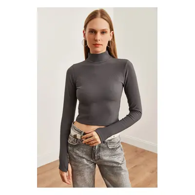 Olalook Women's Smoke Half Turtleneck Thin Ribbed Finger Detailed Ottoman Blouse