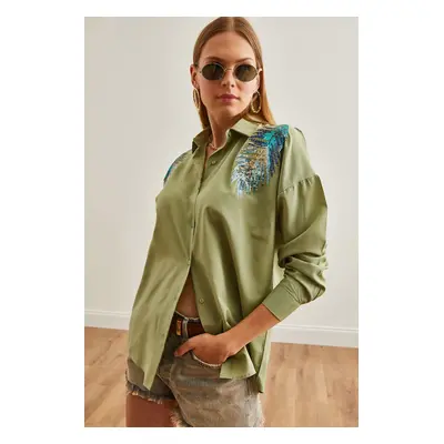 Olalook Women's Mold Green Leaf Sequin Detailed Woven Shirt