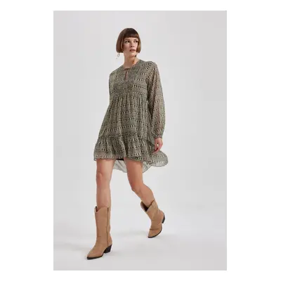 DEFACTO Round Neck Patterned Chiffon Long Sleeve Mini Dress