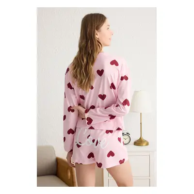 Trendyol Pink 100% Cotton Heart and Slogan Knitted Pajama Set