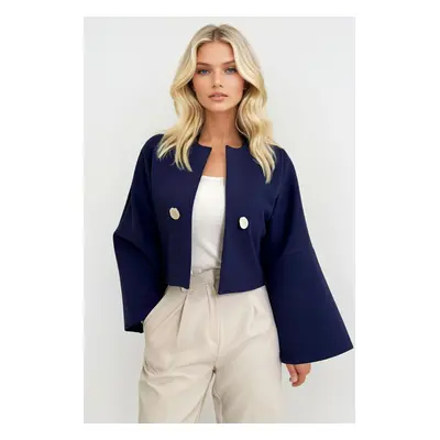 Trend Alaçatı Stili Women's Navy Blue Button Detail Open Front Short Jacket