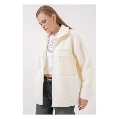 Bigdart Zippered Oversize Plush Jacket - Beige